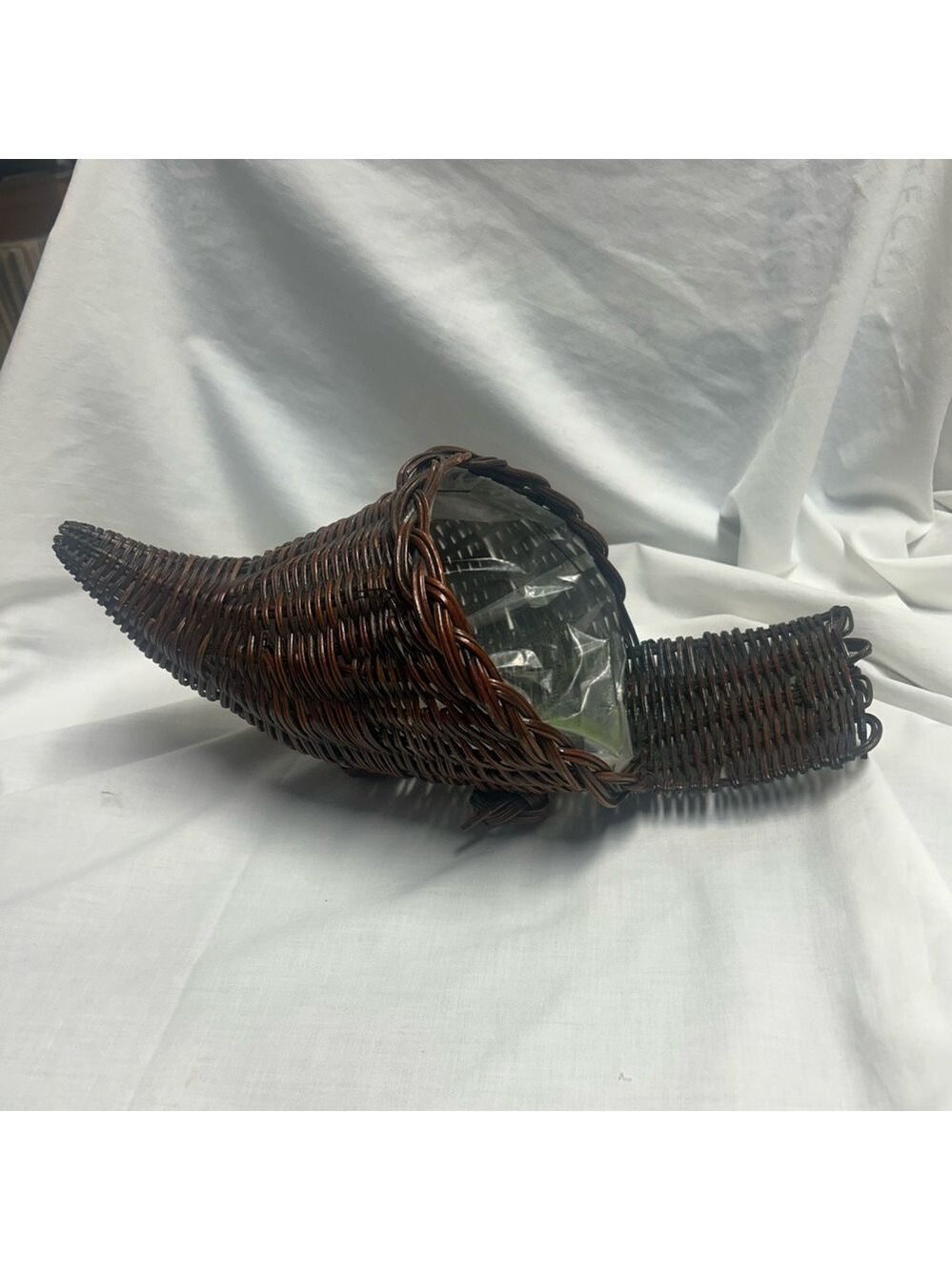 Vintage Brown Wicker Cornucopia Horn of Plenty Basket Planter